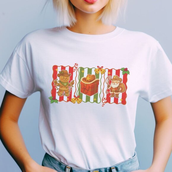 Western Christmas Graphic Tee Cowboy Howdy Santa Gingerbread Man T-Shirt - Picture 1 of 4